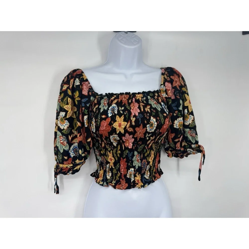 Olivaceous The Impeccable Pig Black Floral Crop Top Smocked cottagecore festival